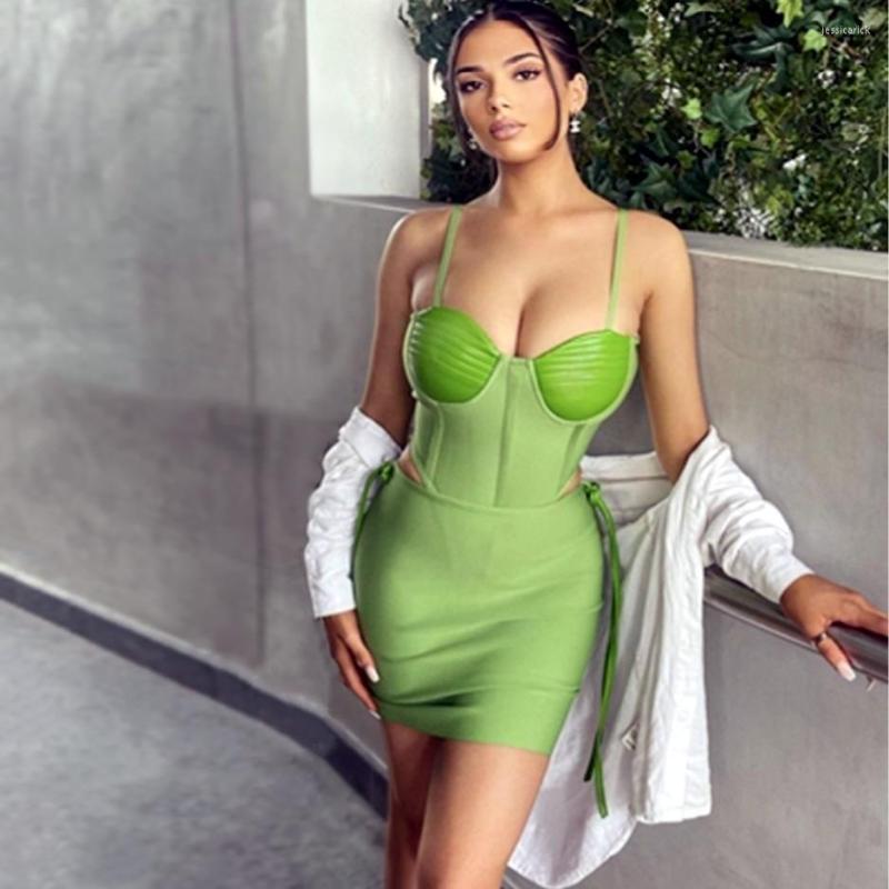 

Casual Dresses Summer Green Women Strap Sexy 2 Pieces Bodycon Mini Rayon Bandage Dress Nightclub Party Celebrate Birthday Vestido