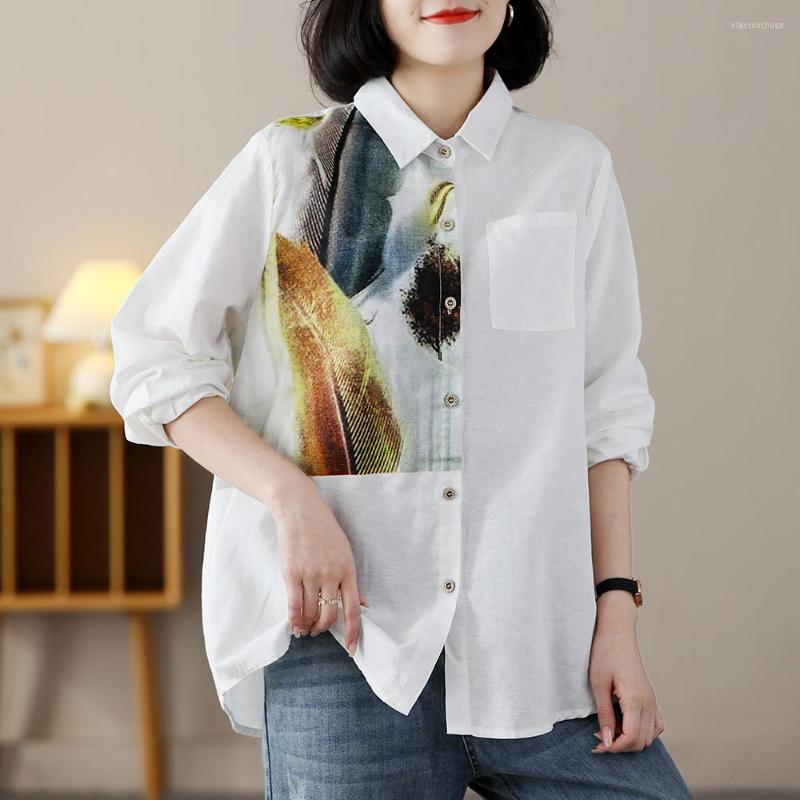 

Women's Blouses 23Women Cotton Linen Shirts Spring Mori Girl Style Painted Loose Single-Breaasted Female Tide Tops Wild, Beige