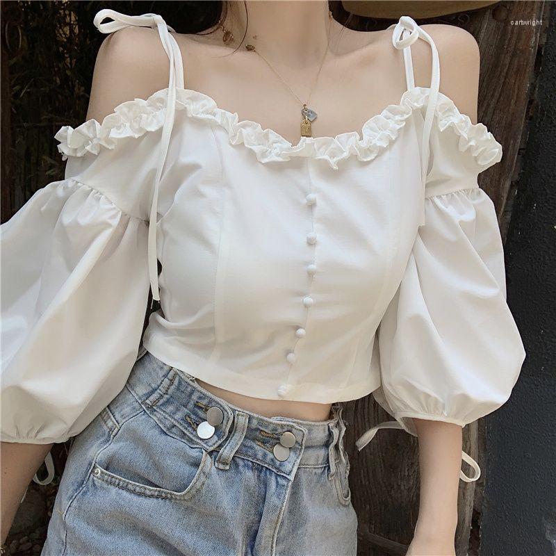 

Women' T Shirts Ruffles Sexy Off Shoulder Top Blouse Women Puff Sleeve Thin Strap White Tee Shirt Evening Party Club Clothes Cropped, Blue