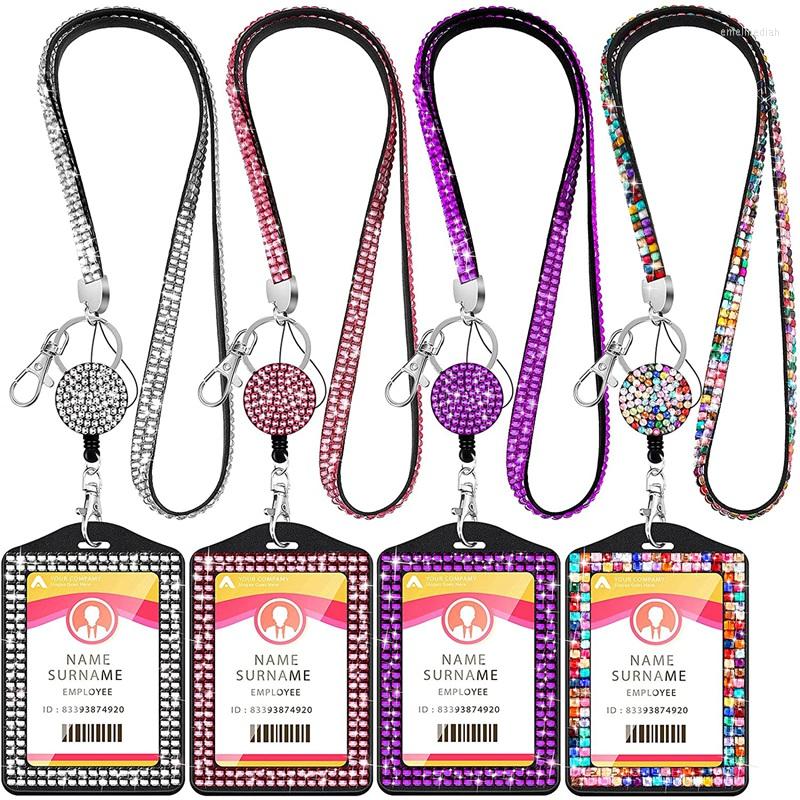 

Keychains 4 Sets Rhinestone Lanyard ID Card Holder Crystal Retractable Badge Reel Neck