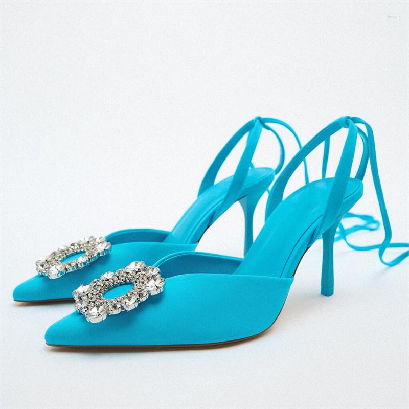 

Sandals TRAF Women Strappy Rhinestone Heels Female Pumps Summer High 2023 Lace Up Stiletto Slingback Shoes On