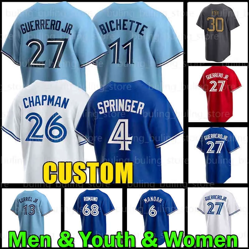 

27 Vladimir Guerrero Jr. Baseball Jersey 26 Matt Chapman Toronto 11 Bo Bichette 4 George Springer Blue Jays 6 Alek Manoah 30 Alejandro Kirk, Women custom cool base(l n)