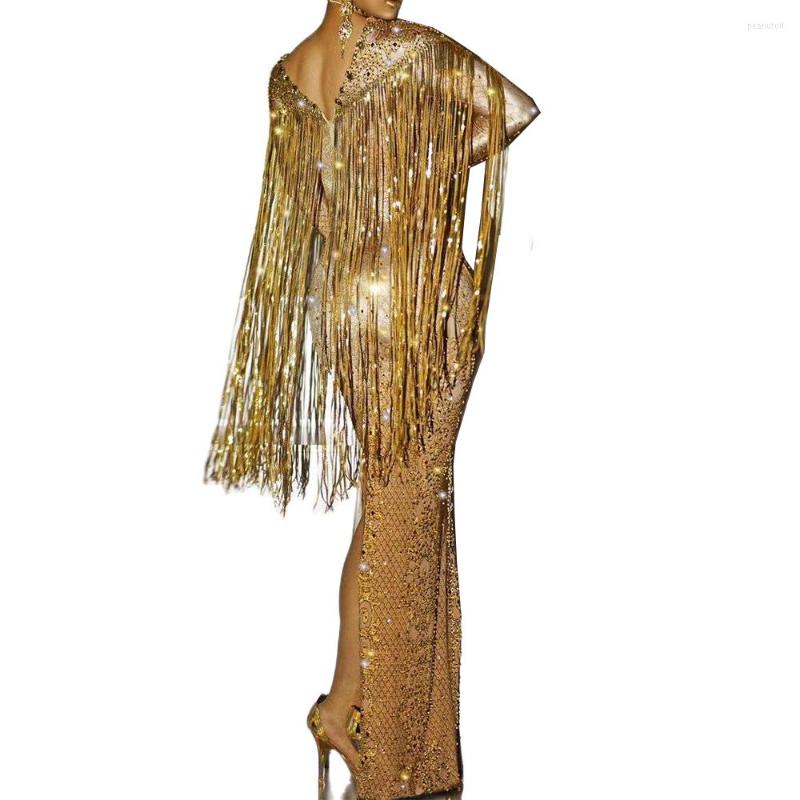 

Stage Wear Sparkly Rhinestones Sknny Stretch Women Long Dress Crystal Tassel Mesh Plaid Split Singer Birthday Party Outfit, Black