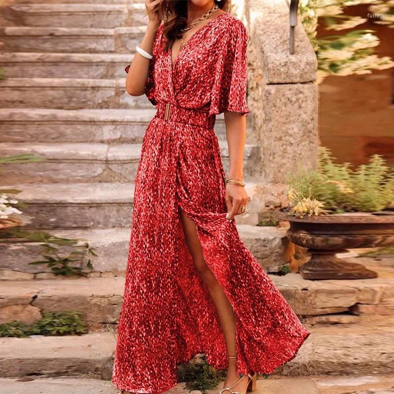 

Party Dresses Elegant V-neck Short Sleeve Long Dress 2023 Summer Fashion Pattern Print Spring Casual With Belt Bohe Beach, 01 green