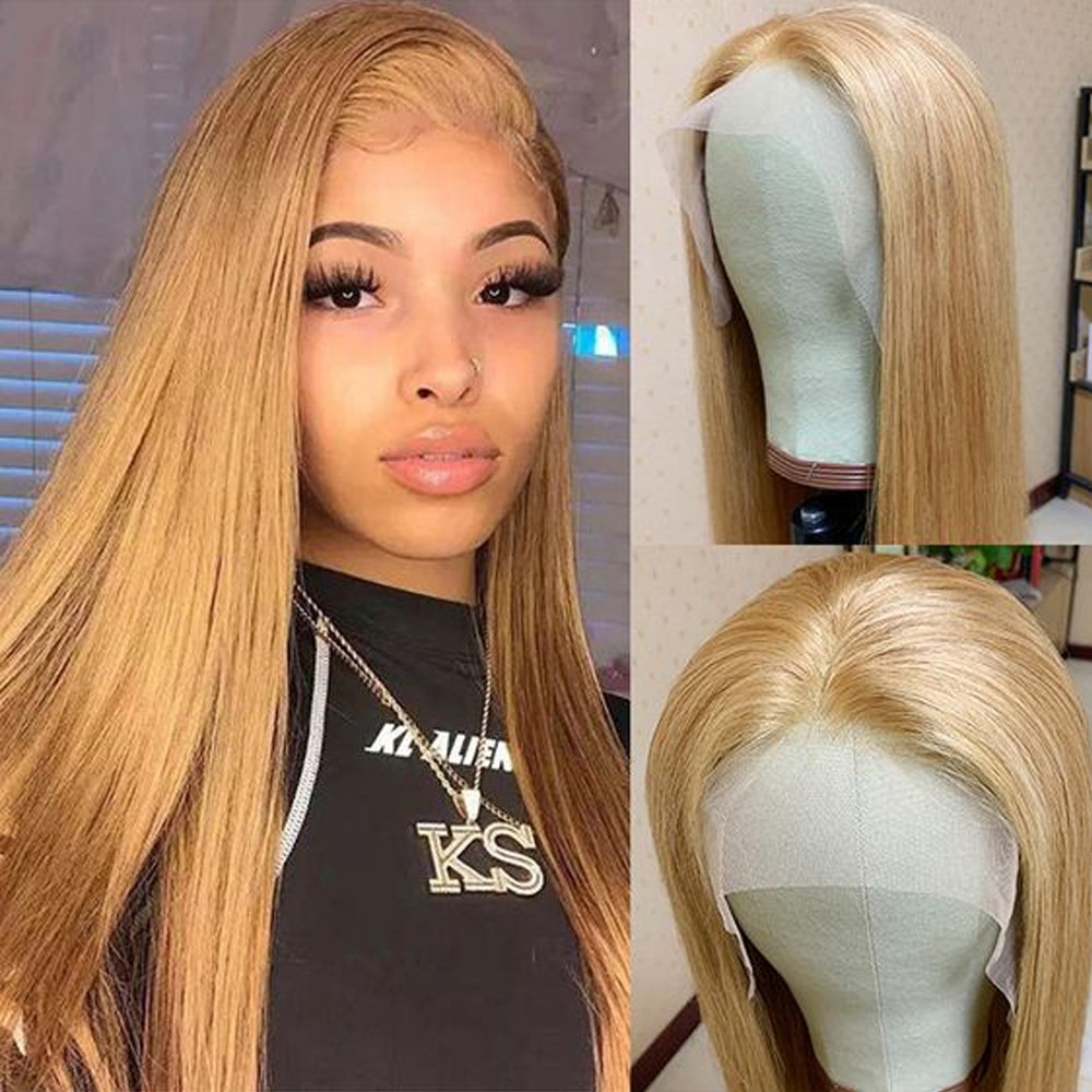 

27# Blonde Lace Front Wig Human Hair Straight 13x4 Transparent Lace Frontal Wig Honey Blonde, #27