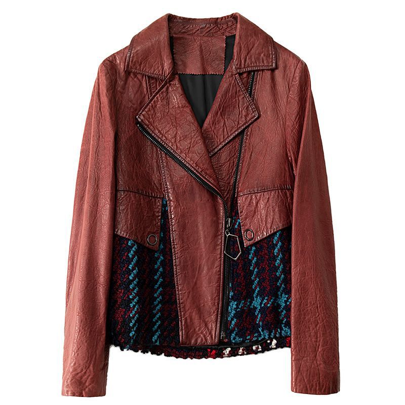 

Women's Leather Coat Sheepskin Spliced Wool Top Clothes Fashion Tailored Collar Girl's Motorcycle Style Jacket, 5107a
