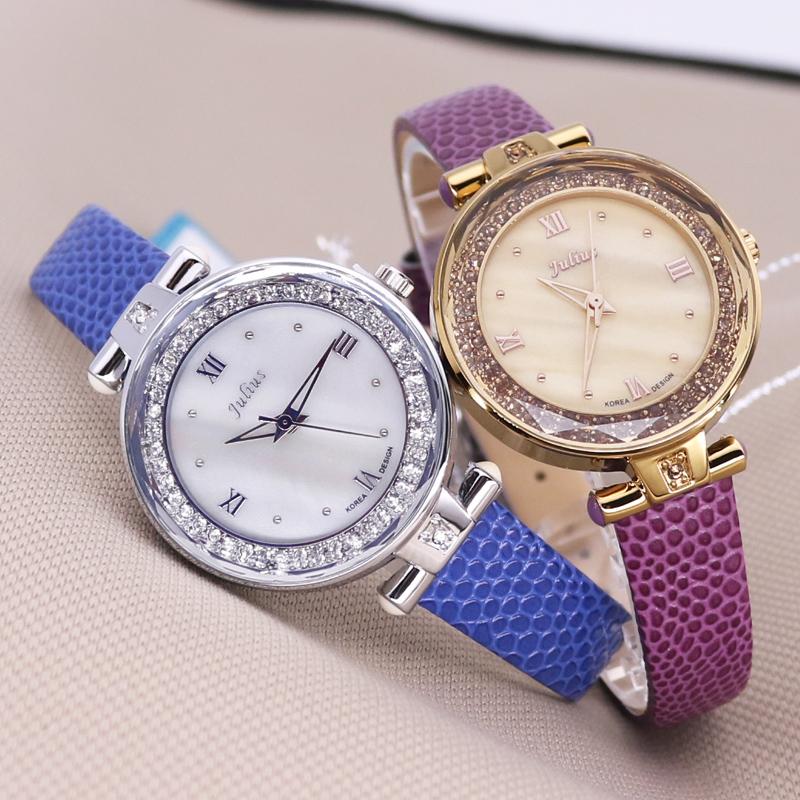 

Wristwatches Mother-of-pearl Lady Women's Watch Japan Quartz Crystal Hours Fine Fashion Clock Bracelet Real Leather Girl's Gift Julius Box, Purple