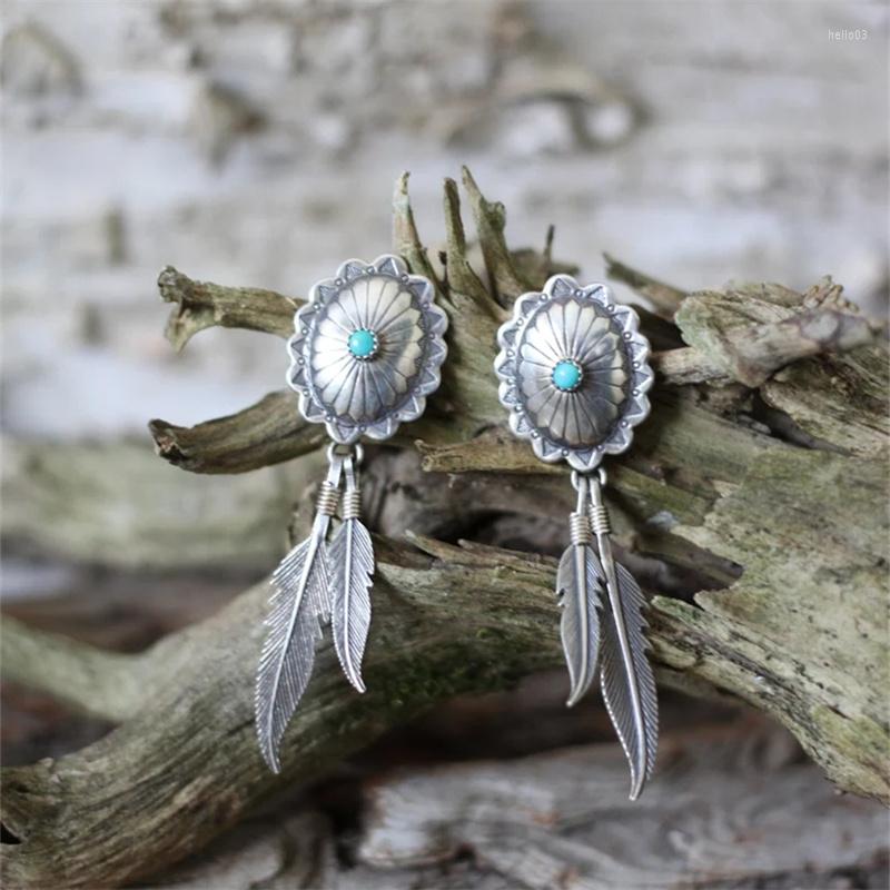 

Dangle Earrings Ethnic Round Inlaid Blue Stone Drop Vintage Silver Color Metal Carving Plume For Women