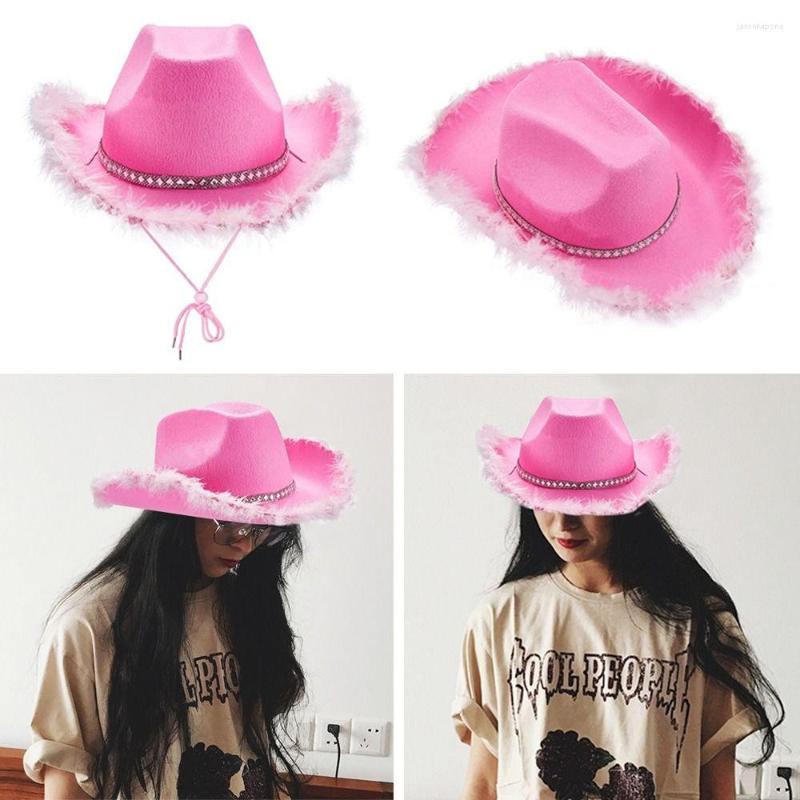 

Berets Playing Mardi Gras Rave Cowgirl Hat Dress Up Cowboy Wide Brim Fluffy Feather, Pink