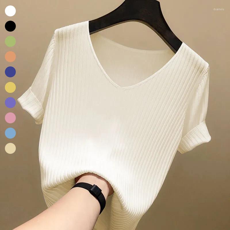 

Women' T Shirts Woman Summer Clothes Tops Korean Solid Loose Casual T-Shirt Short Sleeve Tees White Thin Knitting Elastics, Pink
