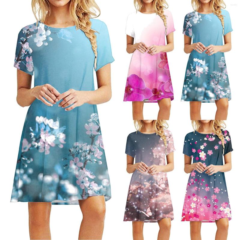 

Casual Dresses Women Summer Short Sleeved Crewneck Tee Shirt Dress Swing Fashion Flower Print, Hot pink