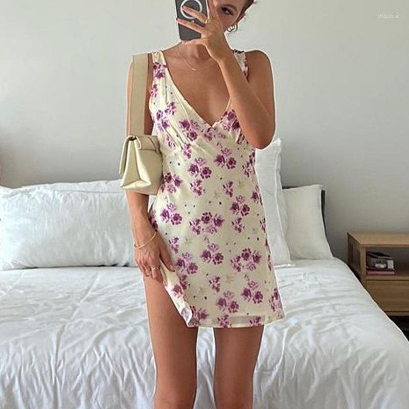 

Casual Dresses Women Beach Style Y2K Streetwear Bohemian Floral Print Mini Dress Vintage Sleeveless V Neck Slim Fit Tie Up Bodycon Chic