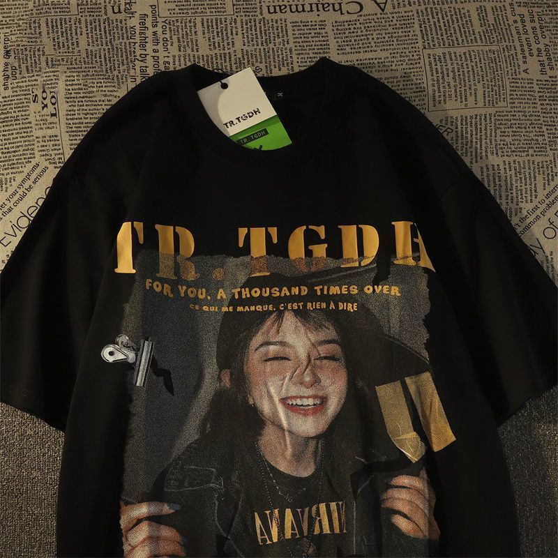 

Men' TShirts American retro oversize short sleeved tshirt for men and women loose ins European trend br texture top t shirts 230414, Black