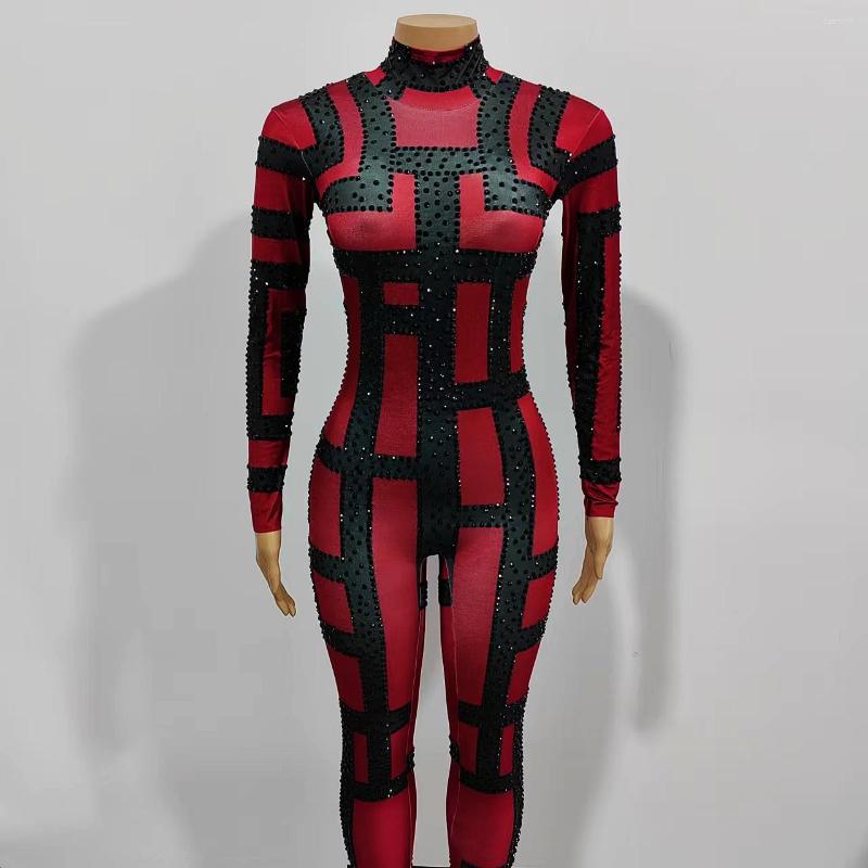 

Stage Wear Sexy Elastic Stretch Skinny Jumpsuit Bandage Pattern Rhinestones Tight Rompers Nightclub Bar DJ Dancer Performance Leotard, Picture color