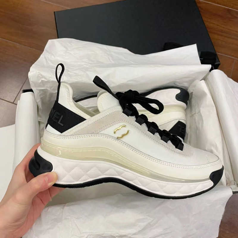 

designer shoes women sneakers Outdoor chennel new sports shoes women's inner heightening leisure shoes leather versatile muffin thick soled dad shoes women, Black and white color matching