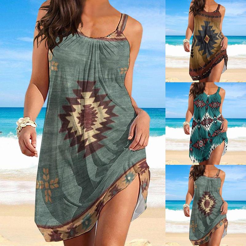 

Casual Dresses Women Summer Beach Spring Vintage Printing Loose Dress Swing Cover Up Sundress Sleeveless Long Sleeve For, Green