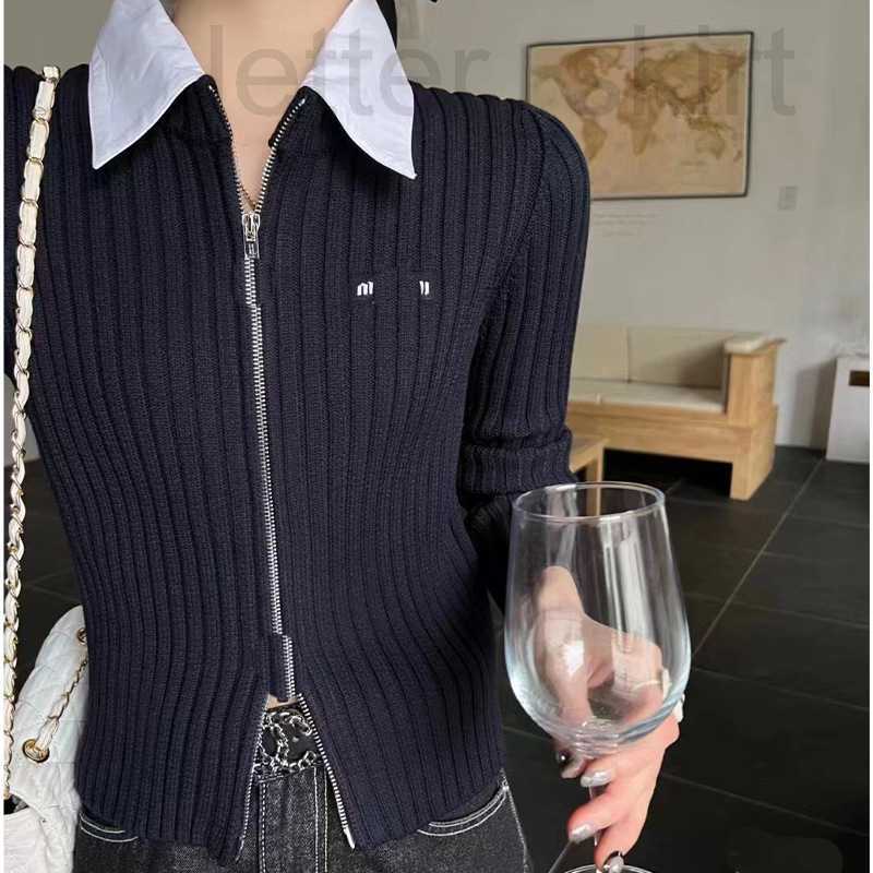 

Women's T-Shirt designer knitted zipper lapel long-sleeved thin cardigan women's sweet aging jacket 2023 early spring new coat KQD6, Navy blue