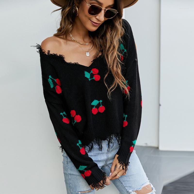 

Women' Sweaters European And America Women' Sexy Big V-Neck Knitted Sweater Sweet Cherry Jacquard Loose Short Knitting Pullover Casual, Gray