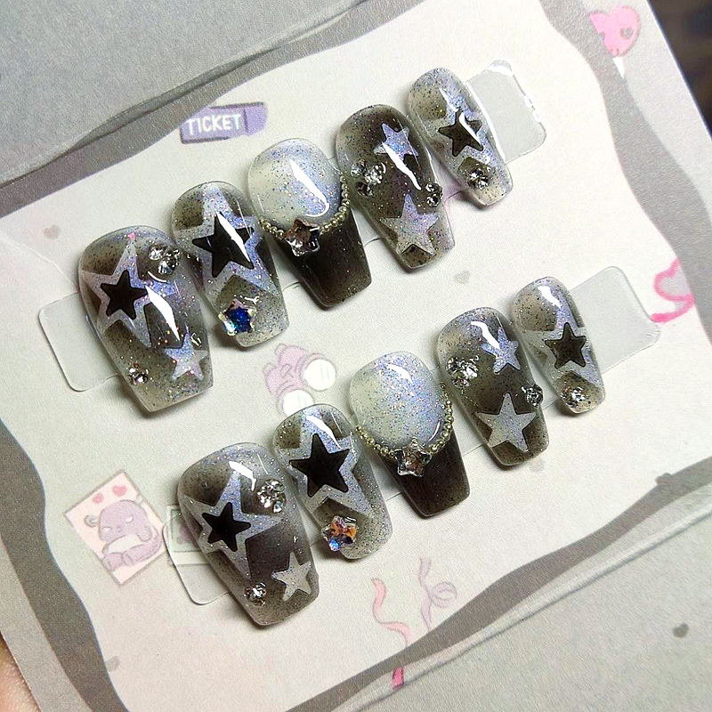

False Nails Handmade Shine Stars Y2K Press On Nails Glitter Fake Nail With Glue Reusable Short Coffin Stiletto False Nails Tips 230413, Black