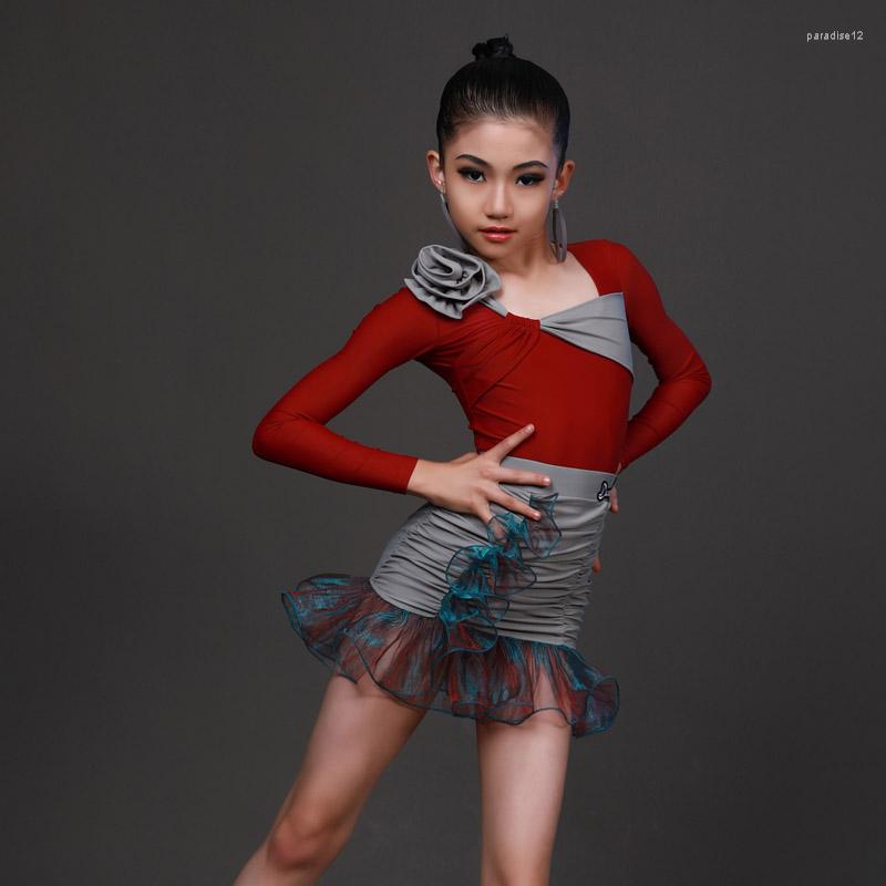 

Stage Wear Latin Dance Dress Kids Long Sleeve Practice Clothing Modern Ballroom Competition Costume Rumba Tango Samba Outfits DWY8580, Gray 2pcs