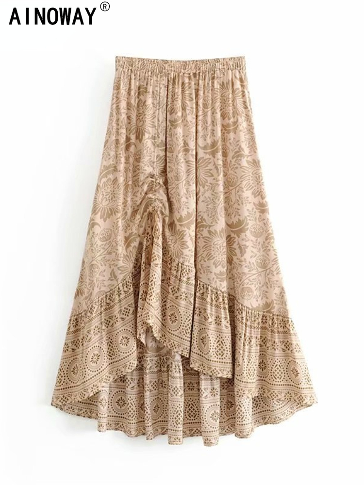 

Skirts Elegant Women Desert Floral Printed Tassel Elastic Waist Bohemian Maxi Skirts Ladies Rayon Cotton Asymmetrical Happie Boho Skirt 230414, Beige