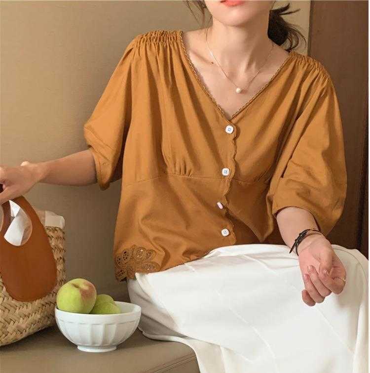 

Embroidered Korean Blouse: Stylish Cut Flower Design, V-Neck, Single-Breasted for Summer Women's Fashion, Ginger