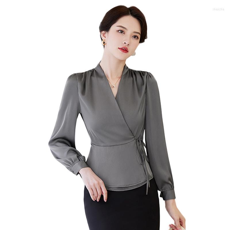 

Women's Blouses Women 2023 Spring V Neck Lace-up Shirt Fashion Temperament Professional Casusl Long Sleeve Office Ladies Work Tops, White