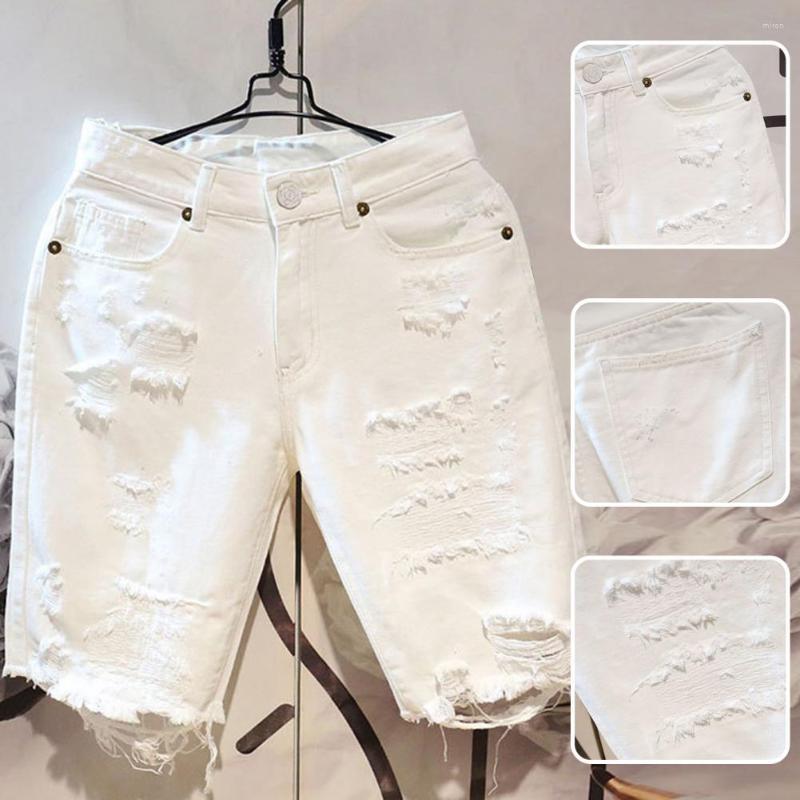 

Men's Jeans Knee-length Shorts Ripped Hole Straight Loose Mid Waist Men Short Multi Pockets Hip Hop Summer Clothes, White