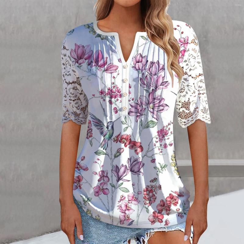 

Women' Blouses Floral Print Button Blouse Casual Shirt Lace Sleeve Splicing Women' Tops And Blusas Female Clothing, Blue