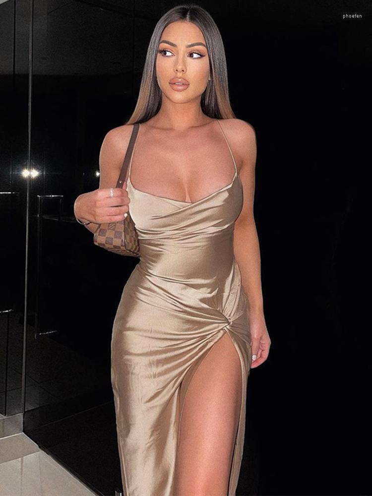 

Casual Dresses Sexy Backless Bandage Bodycon Satin Dress Women Summer Elegant Gown Spaghetti Straps Fashion Midi Club Party Clothes, Beige