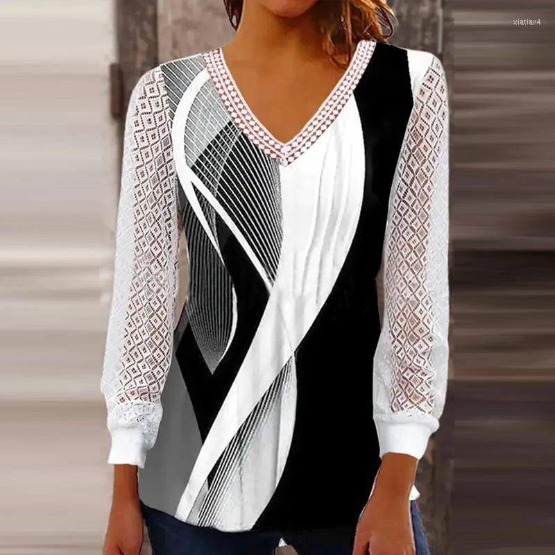 

Women' Blouses Women Hollow Out Lace Long Sleeve Blouse Sexy V Neck Mesh Pullover Lady Shirt Spring Summer Casual Office Loose Female, Style 1