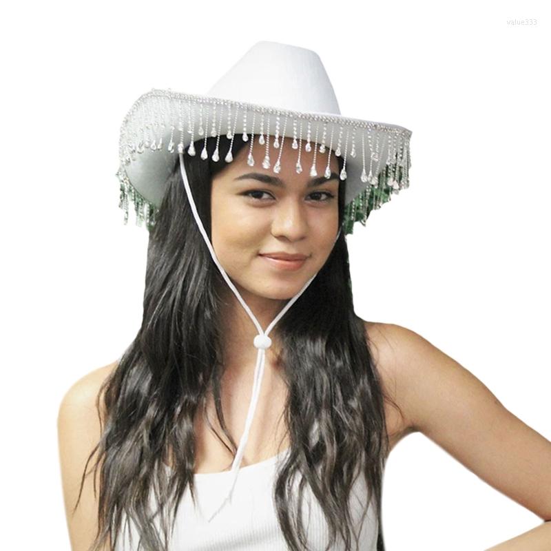 

Berets Wide Brim Cowgirl Hat Western Cowboy With Adjustable Drawstring For Rhinestone Fringe Jazz Top Street Drop, Picture shown
