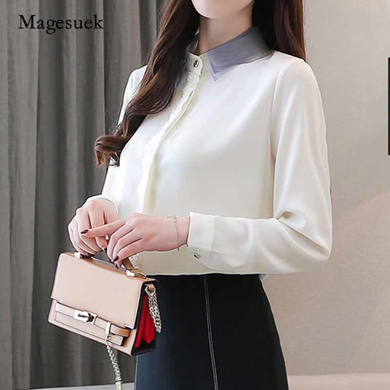 

Women' Blouses Shirts Autumn Women Long Sleeve Lapel Lace Chiffon Tops and Blouse Slim Top Women Blouses Mesh Women Clothes Shirt Blusas 10241 230414, White