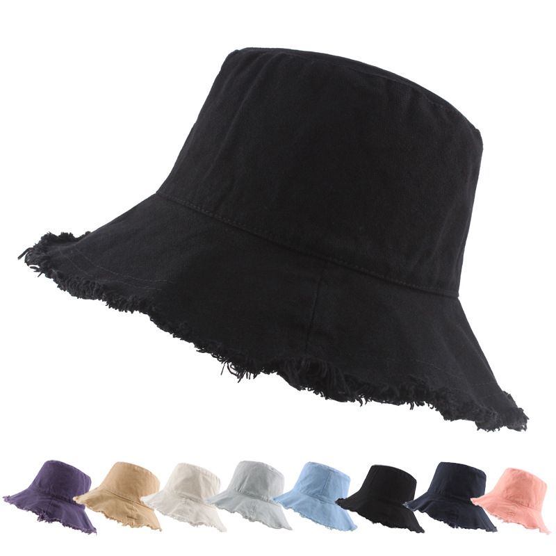 

Foldable Tassel Washed Denim Bucket Hats Women Cotton Plain Wide Brim Fishermans Hat Outdoor Beach Panama Cap, Customize