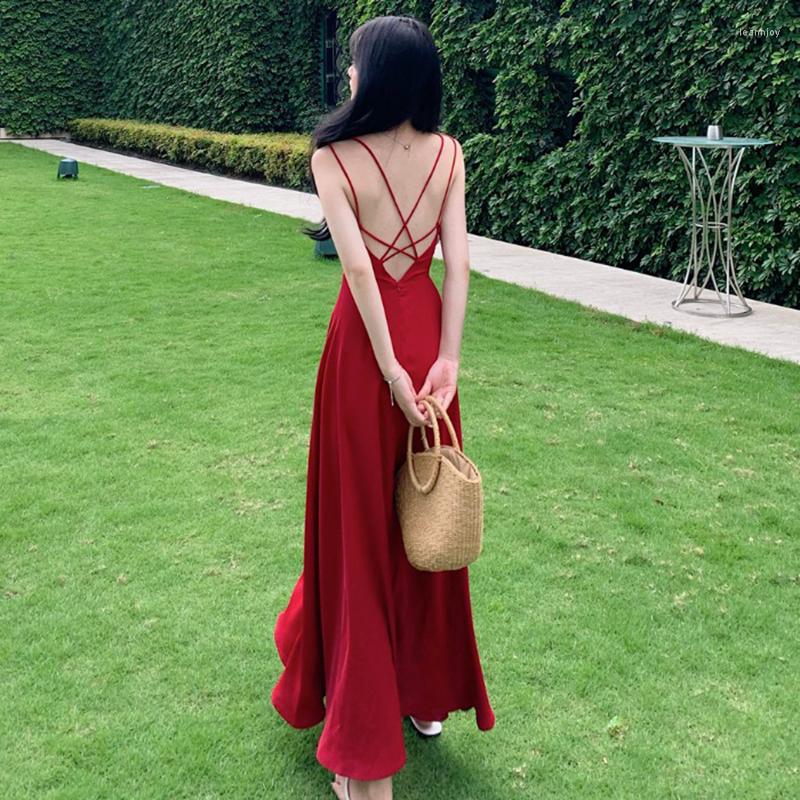 

Casual Dresses Vintage Sexy Backless Waist Dress Women Summer Party Sling Long Female Fashion High Pullover Evening, Retro red
