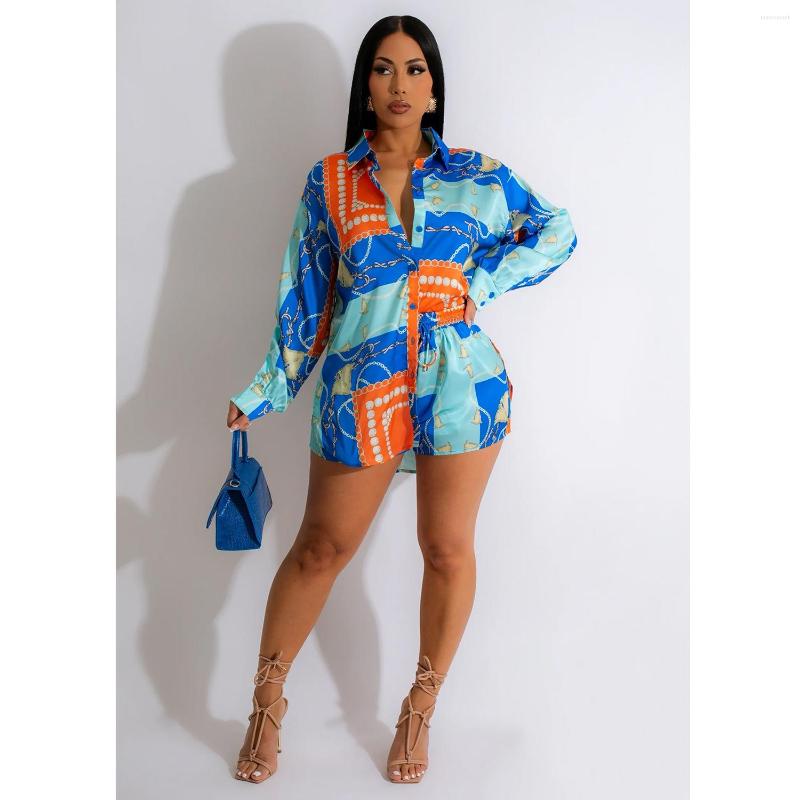 

Women's Tracksuits Two Peice Set For Women Sets Printed Shorts 2 Piece Long Sleeve Lapel Blouse Streetwear Fashion Chic Matching Suit, Yellow