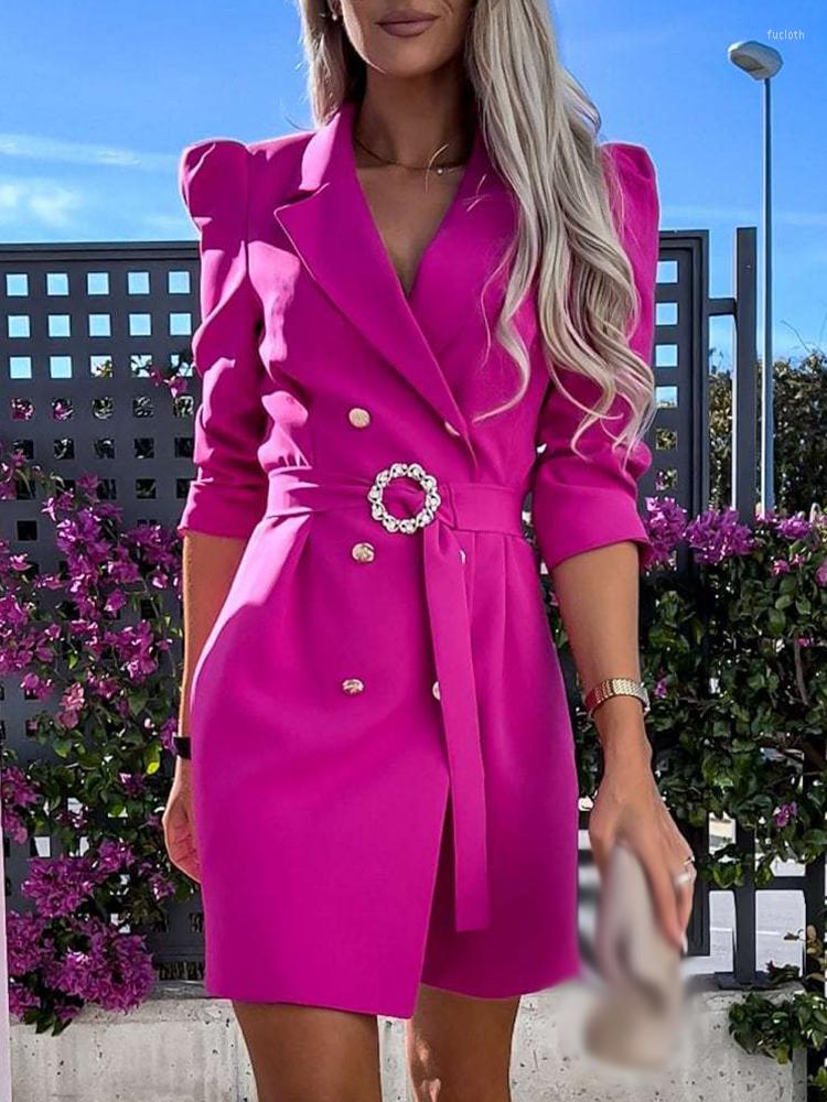 

Casual Dresses Elegant Lapel Waist Blazer Dress Women Puff Long Sleeve Solid Fashion Double Breasted Button With Belt Mini, 04 purple