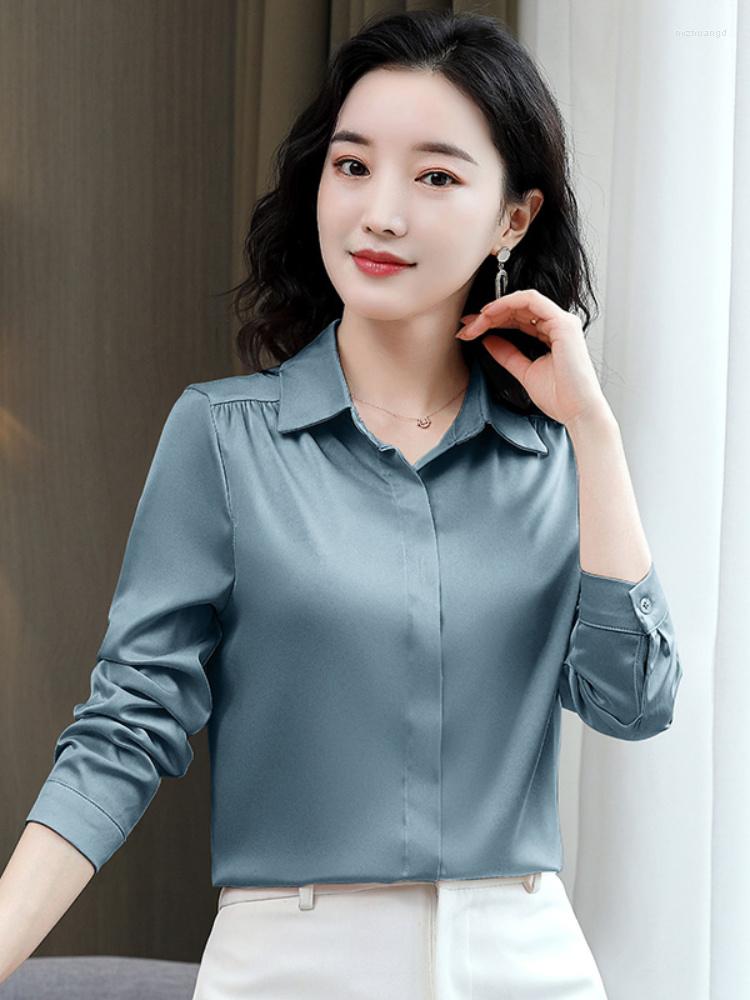 

Women' Blouses Women Shirts Satin Long Sleeve Blouse Fashion Elegant White Shirt Solid Basic Womens Tops And Female Clothing, Gray-blue