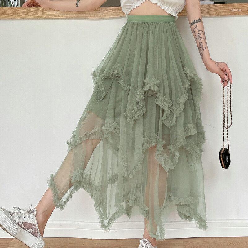 

Skirts Summer Girls' Dress Wooden Ear Edge Irregular Gauze Cake Skirt Korean Version Elastic Waist Large Swing Puffy Lace