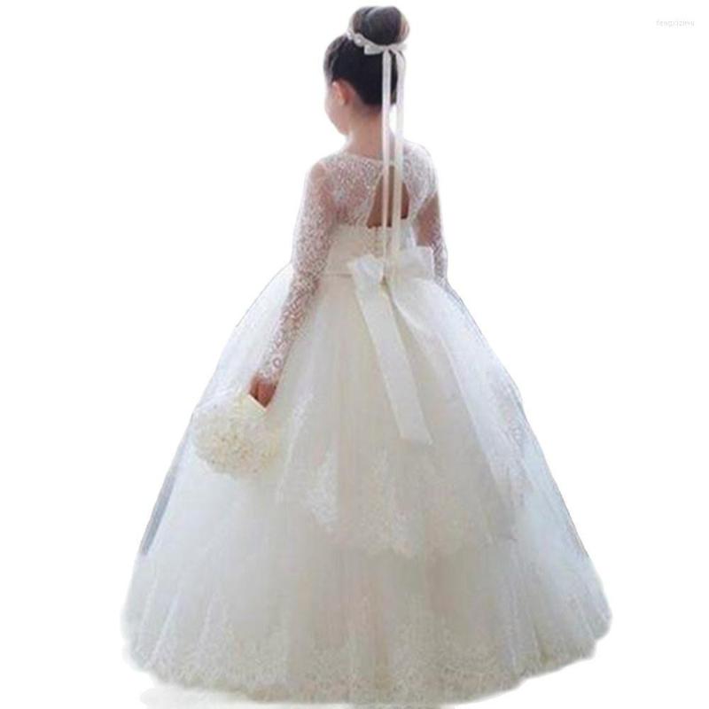 

Girl Dresses Elegant Lace Flower Girls For Weddings Appliques Tulle Floor Length Backless Long Sleeve First Communion, Pink