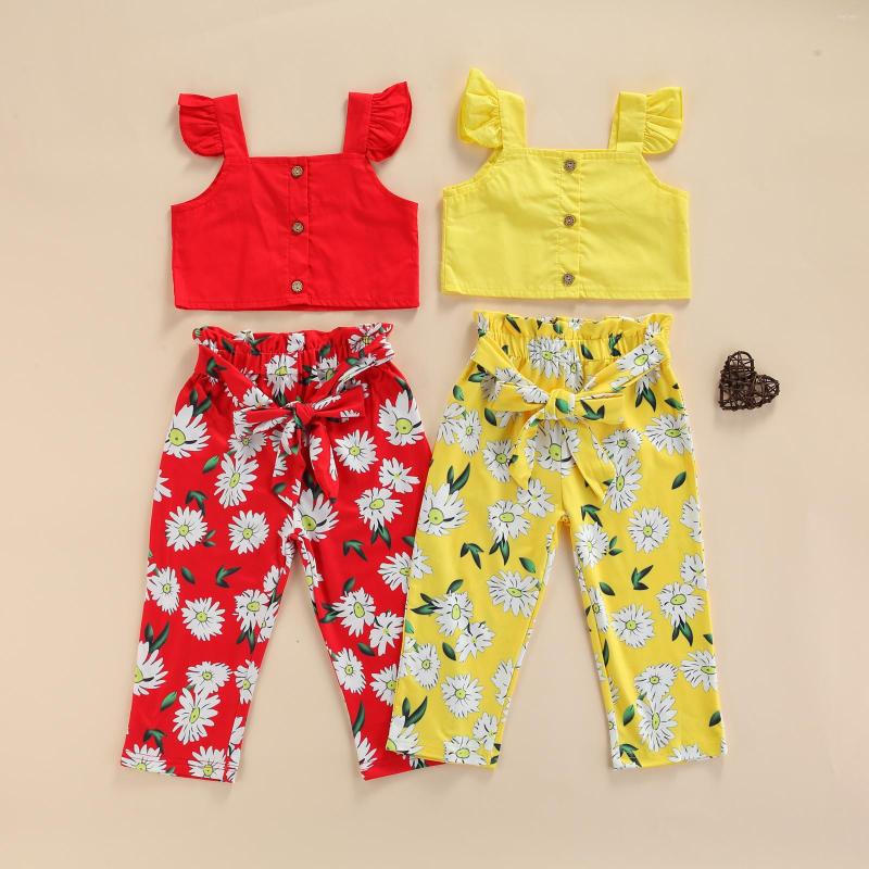 

Clothing Sets 2 Pcs Infant Summer Outfits Baby Girls Button Down Solid Color Sleeve Square Collar Tops Tie Up Flower Print Ruffle Pants