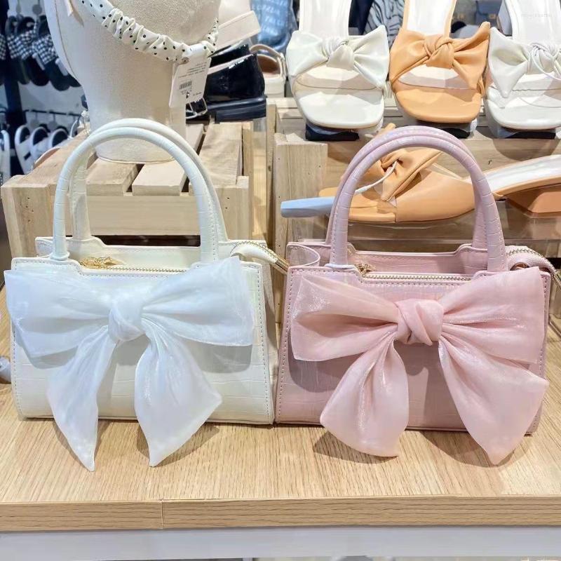 

Evening Bags Women's Versatile Small Square Bag Bow Handbag Female White Pink Solid Color One Shoulder Crossbody Daily Matching