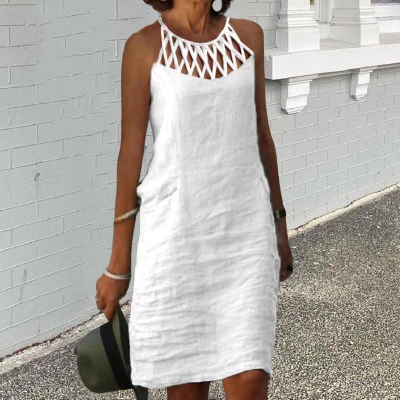 

Casual Dresses Fashion Camisole Dress Anti-pilling Women Hollow Out Stitching Simple Solid Color Short Dressing Up, White