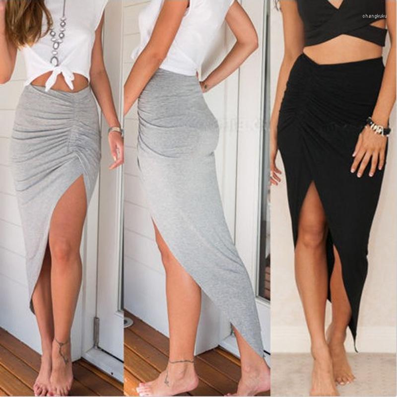 

Skirts Sexy Women's Side High Split Slim Irregular Shirring Pleated Ladies Party Slit Maxi Long Pencil Skirt, Gray