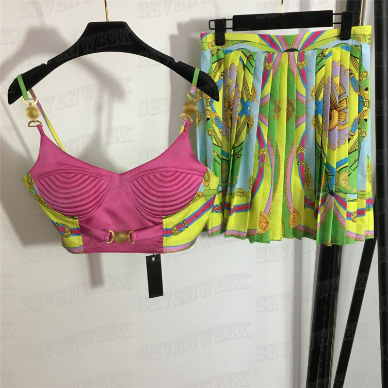 

Women Sling Vest Tank Pleated Skirts Sets Vintages Printed Corset Tops High Waist Dress Fashion Sexy Tanks Tops Two Piece Suits, Green