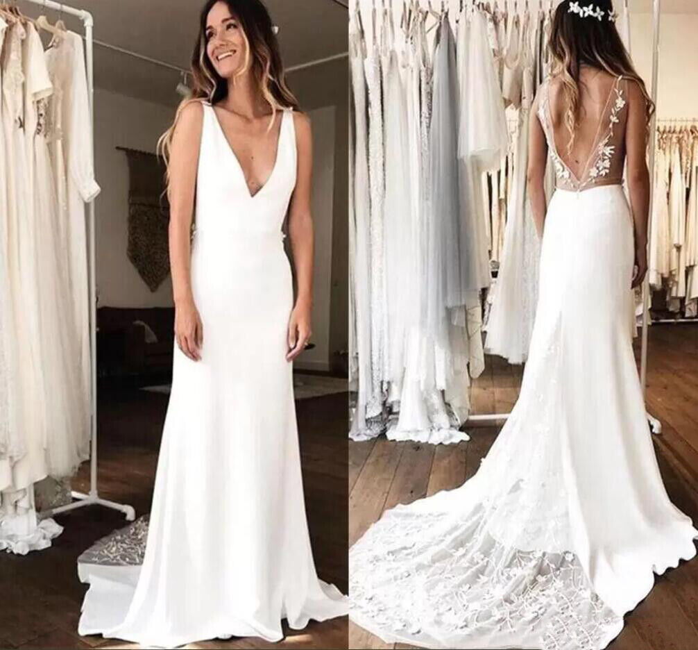 

Beach Satin A-line V-neck Wedding Dress Deep Open Back Sleeveless White Bridal Dress
