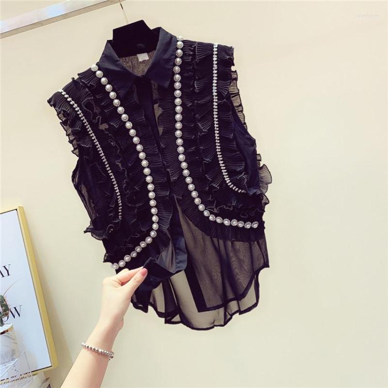 

Women' Blouses 2023 Fashion Chic Women Button-up Blouse Summer Casual Female Sleeveless Ruffles Shirt Plus Size Thin Diamond Shirts WZ1845, Black