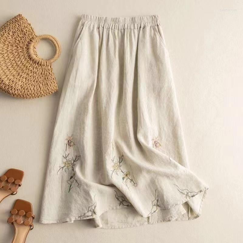 

Skirts Cotton Embroidered Women's Half Skirt Female 2023 Spring And Summer Retro Literature Fall Sense Loose A Word In The Long Ski, Apricot