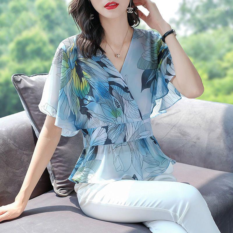 

Women' Blouses Elegant Fashion V-neck Floral Chiffon Shirt For Female Summer Casual Short Sleeve Scarf Collar Sweet Blouse Women Clothing, Blue