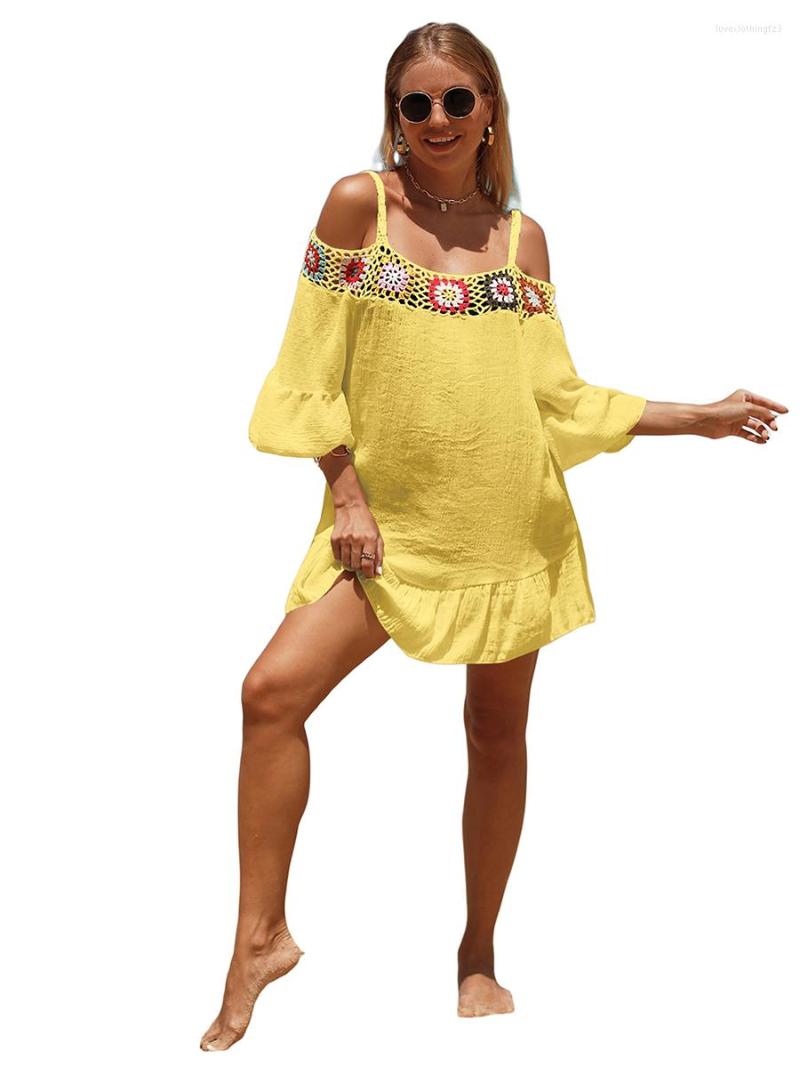 

Women's Swimwear Women Beach Dress 3 4 Sleeve Off Shoulder Knitting Floral Cutout Casual Club Party Summer Sling, Rose red